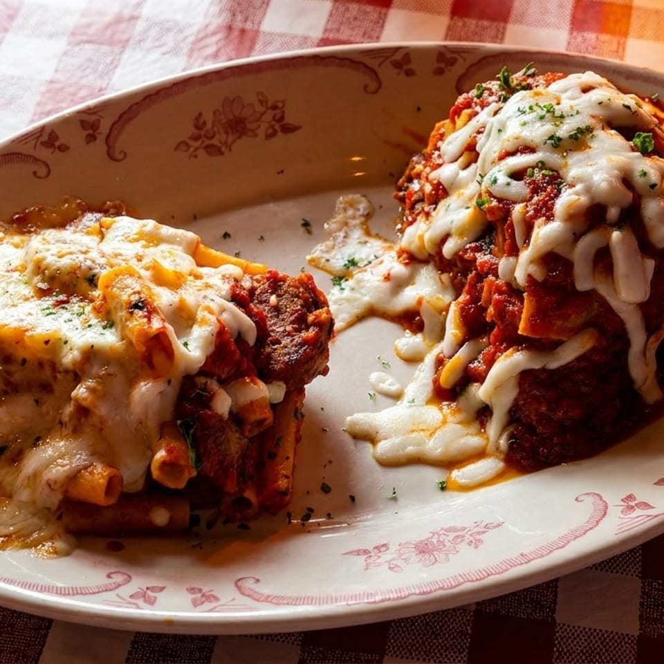 Baked pasta and a large meatball covered in red sauce and melted cheese on a checkered tablecloth.