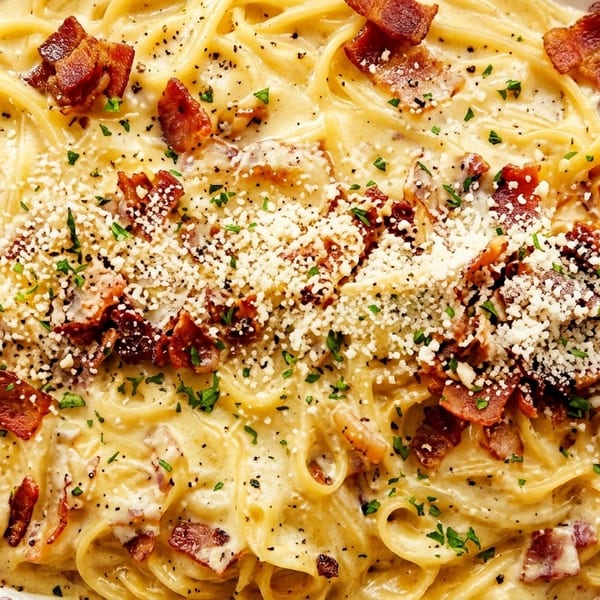 Close-up of creamy spaghetti carbonara with crispy bacon, grated cheese, and fresh parsley.