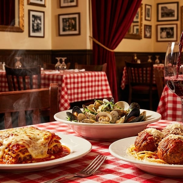 Red wine pours into a glass beside steaming lasagna, meatballs, and seafood in an Italian restaurant.