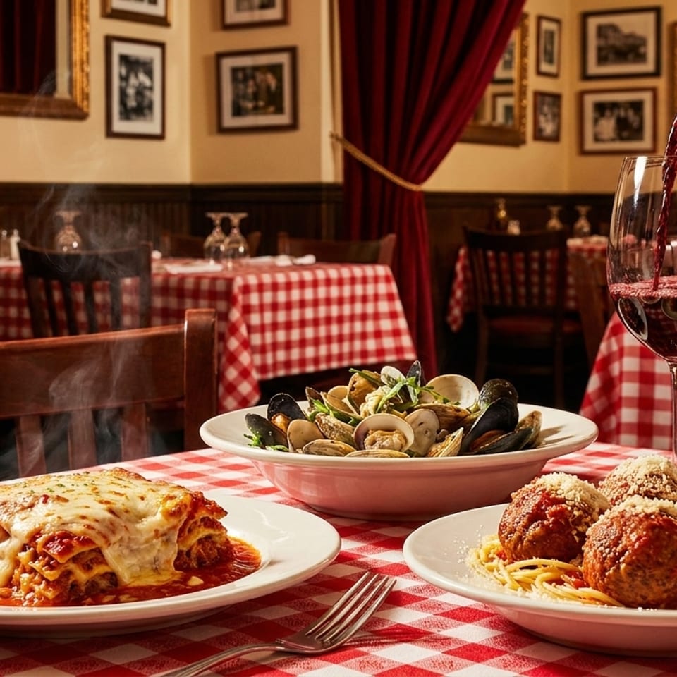 Red wine pours into a glass beside steaming lasagna, meatballs, and seafood in an Italian restaurant.