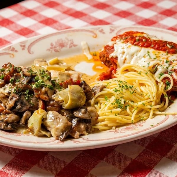Plate with chicken parmesan, spaghetti, and mushrooms with artichokes on a red checkered tablecloth.
