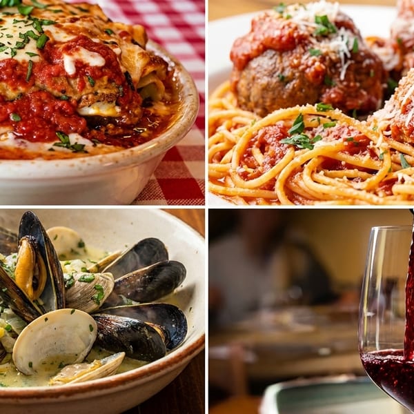 Four images showing lasagna, spaghetti with meatballs, seafood stew, and red wine.