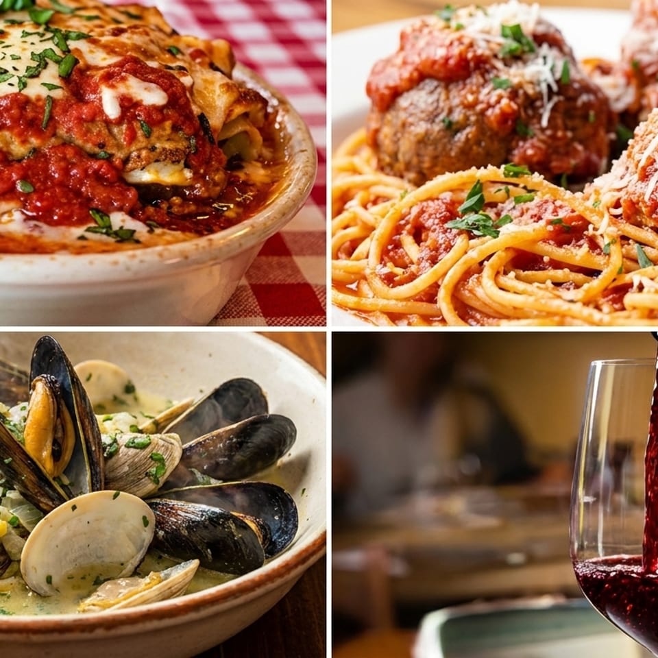 Four images showing lasagna, spaghetti with meatballs, seafood stew, and red wine.