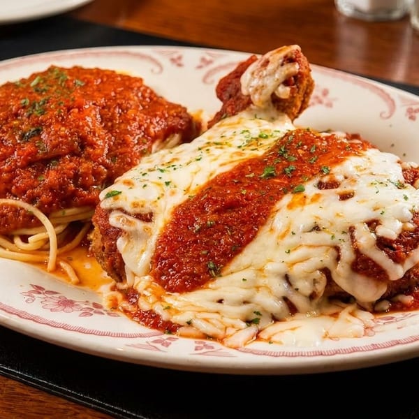 Breaded chicken parmesan topped with melted cheese and marinara, served with spaghetti.