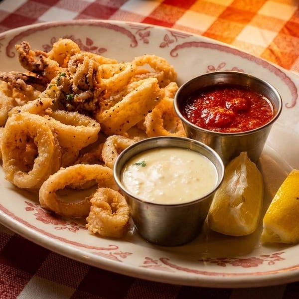 Fried calamari with marinara and aioli sauces, plus lemon wedges, on a red checkered tablecloth.