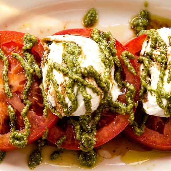 Three slices of red tomato with fresh mozzarella and green pesto on a floral plate.
